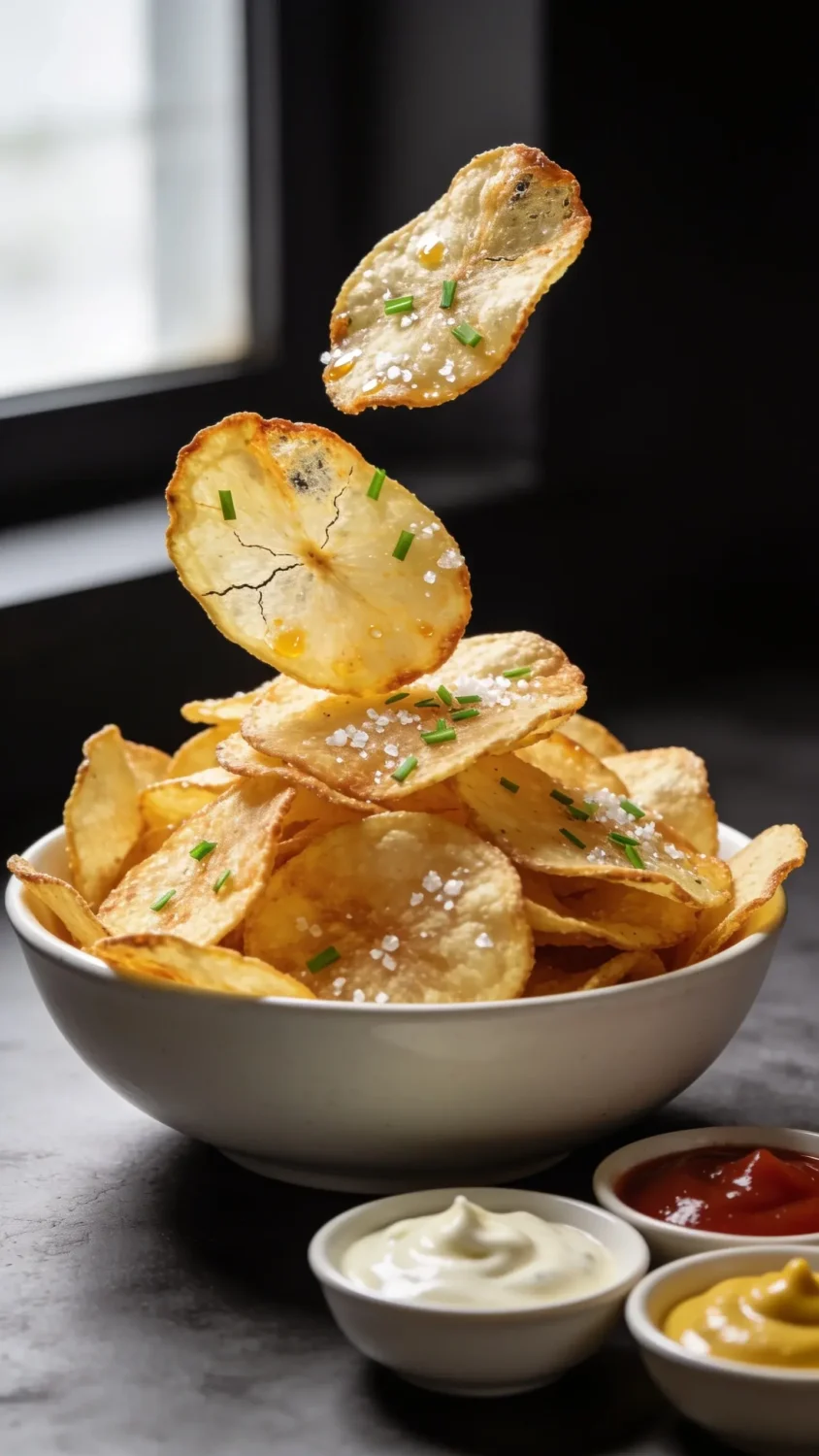 A dramatic, texture-focused shot of freshly air-fried chips in a shallow white ceramic bowl, piled high with a few chips cascading over the rim to reveal their crisp centers. Garnish with a light crack of sea salt, a faint drizzle of oil-free shine, and finely chopped chives or parsley for color. Include a small trio of dipping bowls in soft focus: garlic aioli, ketchup, and a tangy mustard. Shoot from a slight angle to showcase the crispy edges, with natural window lighting and a clean, minimalist background to emphasize the chips’ crunch and seasonings.