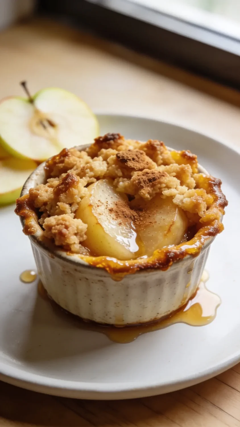Close-up macro of a single air fryer apple crumble in a small, rustic ramekin. Highlight crisp, caramelized crumble topping with a golden-brown edges, a juicy steam gloss on tender apple slices peeking through, and a light dusting of cinnamon. Include a subtle drizzle of honey or caramel around the rim, a few delicate apple slices in the background, and natural window light to emphasize warm textures and color. Use a clean white plate or neutral wooden surface to keep focus on the topping’s crumbly crunch and glossy fruit.