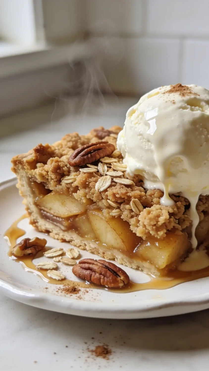 Plated serving scene with a slice reveal: a slice of air fryer apple crumble plated on a white ceramic plate with a generous scoop of vanilla ice cream slowly melting beside it. Focus on the warm, juicy apple filling and the textured, crumbly topping. Include a few toasted pecans or oats for texture, a light drizzle of caramel sauce around the edge, and a pinch of cinnamon on top. Capture from a 45-degree angle to showcase the layered crust, steam lines, and glossy ice cream against a clean, bright kitchen counter setting with natural light.