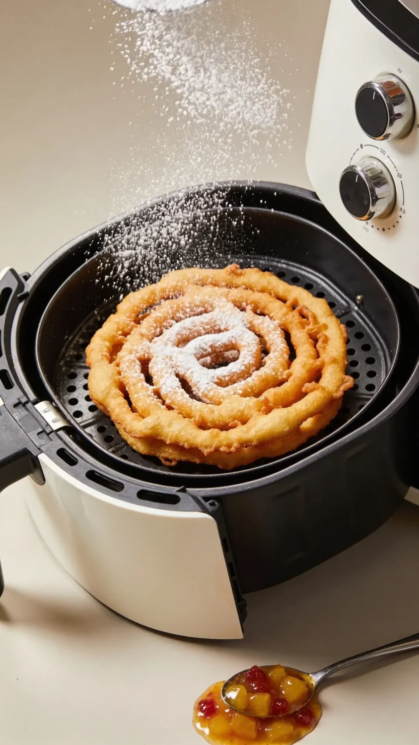Studio-style product shot with motion cue: a whole funnel cake in a crisp, perforated air fryer tray pulled slightly forward, showing the perfectly crisped edges. Surround with a delicate halo of powdered sugar dusting in the air and a spoon of fruit compote on the side ready to drizzle. Capture from a slightly elevated角 (top-down tilt) to emphasize texture contrast, using neutral, clean backdrop and controlled, natural lighting to keep colors true and appetizing.