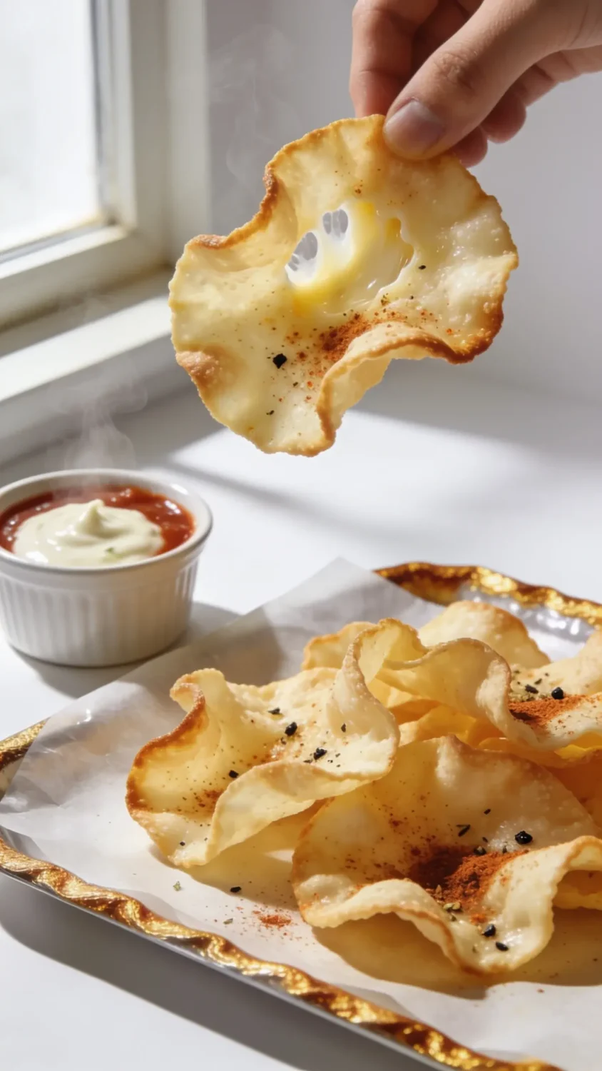 Crisp air-fried cheese chips close-up: a glossy, parchment-lined tray with golden-brown edges and perfectly curled chips. Include a light dusting of smoked paprika and cracked black pepper, plus a small ramekin of silky marinara or garlic aioli off to the side. Natural window light from the left creates gentle shadows, focusing on the snap of the edges and the melty centers, with a clean, white background and subtle steam rising to imply fresh-from-the-air-fryer freshness.