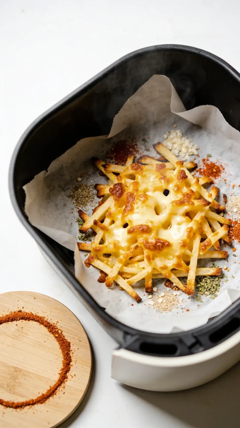 Ingredient-and-method detail shot: a macro-style image featuring the key elements that make them crisp: cheese shreds melting and browning in an air fryer scene, a parchment sheet speckled with tiny spice granules (paprika, garlic powder, oregano), and a hand-drawn circle of seasoning on the board to imply customization. Use a clean, white background with a shallow depth of field, highlighting the texture of the edges and the ooey-gooey centers, and a subtle steam rise to convey freshness.
