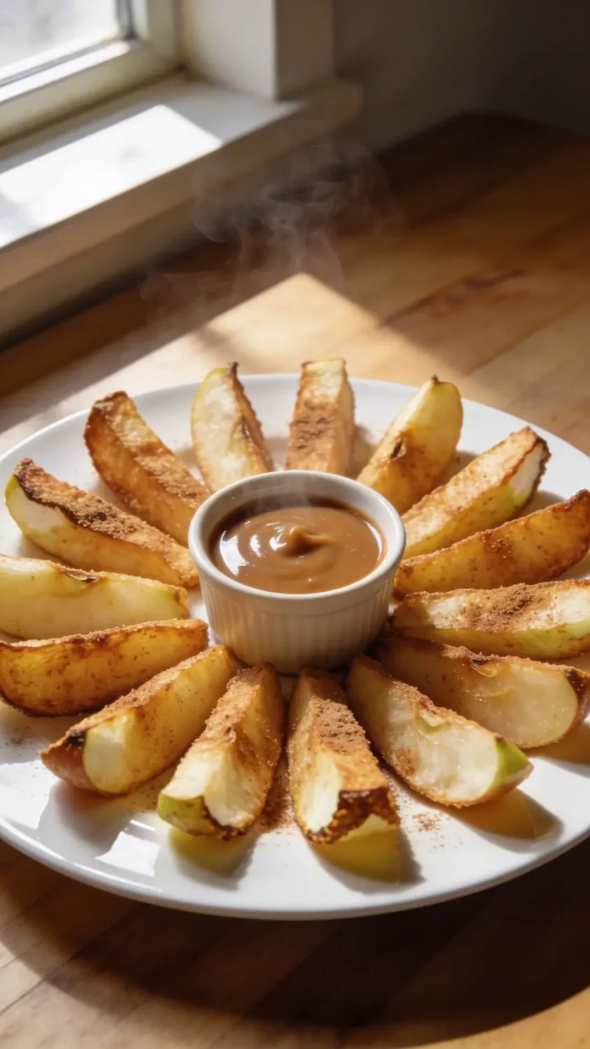 A close-up still-life of air fryer apple fries on a glossy white plate, arranged in a neat fan around a small ramekin of caramel dip. Emphasize crisp, golden-brown exteriors with a tender interior visible at the edges, dusted lightly with cinnamon sugar. Natural window light from the left, soft shadows, subtle steam rising, and a clean wooden surface background to convey a warm, inviting breakfast or snack vibe.