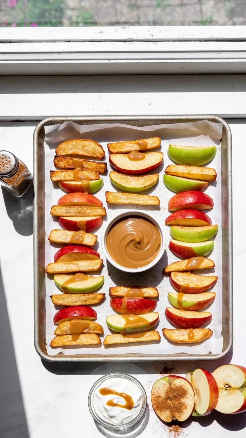 Flat-lay composition featuring a baking sheet lined with parchment, showcasing freshly air-fried apple fries arranged in geometric lines. Include a small bowl of caramel dip, a sprinkle jar of cinnamon sugar, a few cinnamon-dusted apple slices, and a drizzle of yogurt in a tiny glass dish. Use natural daylight from an outdoor-side window, crisp textures, and a clean, minimal background to highlight the vibrant red-green skins, golden crusts, and glossy coatings.