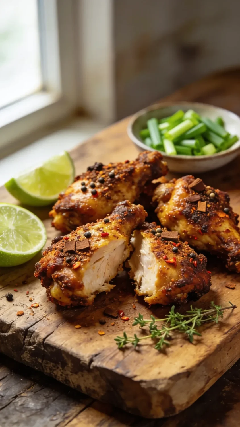 Close-up of air-fried jerk chicken pieces arranged on a rustic wooden board. Emphasize crispy, seasoned crust with visible allspice, cinnamon, and chili speckles. Include halved lime wedges, a small dish of bright green scallions, and a sprinkle of fresh thyme. Natural light from a window to the left, shallow depth of field to blur background, condense texture of juicy interior contrasted with crisp exterior.