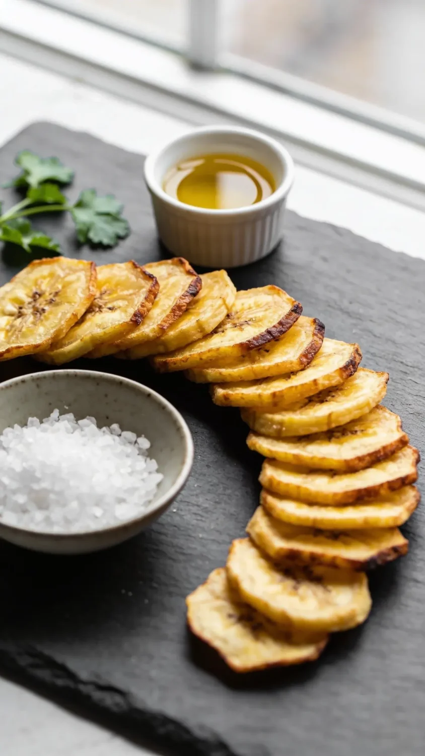 Plantain chips in a crisp gold-crusted stack: Close-up, overhead shot of uniformly sliced plantain chips arranged in a loose spiral on a matte slate board. Use natural window light to highlight the golden-brown edges and subtle caramelization. Include a small bowl of flaky sea salt, a tiny ramekin of neutral oil for dipping, and a few sprigs of fresh cilantro as a minimal garnish. Shoot with wide aperture to create a shallow depth of field on the foreground chips while softly blurring the background, capturing the crisp texture and air-fryer origin through a faint, clean kitchen backdrop.