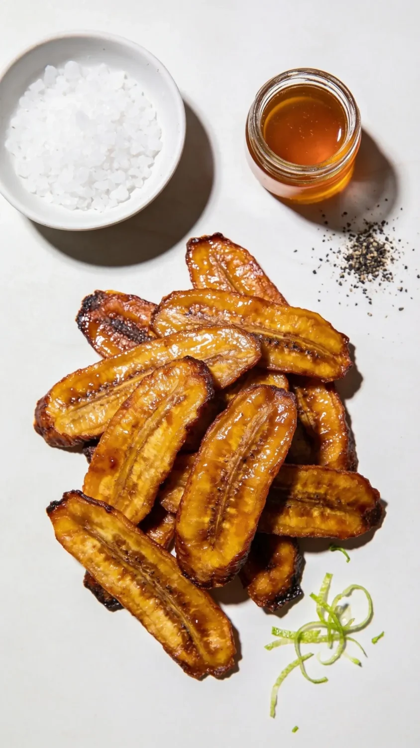 Golden caramelized finish with garnish details: Flat lay featuring a small, shallow white dish of flaky sea salt, a tiny jar of honey or agave, and a sprinkle of cracked black pepper on the side. Center-stage is a pile of glossy, caramelized-ripe plantain chips with visible crisp edges and a slight amber hue. Use natural lighting to accentuate the sheen and texture, and place a few lime zest shavings or microgreens as a fresh, minimalist garnish. Keep the composition clean with a plain light surface and subtle shadows to convey crisp, snack-ready chips straight from the air fryer.