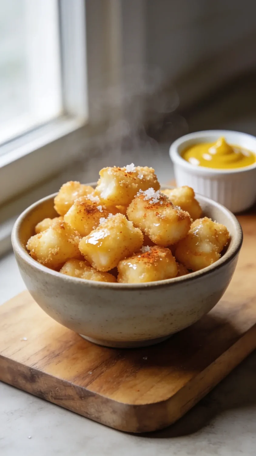 Crispy air-fried cheese curds close-up: a matte ceramic bowl of glossy, golden-brown cheese curds with a light, crunchy breadcrumb coating. Steam softens the edges, dusted with a whisper of flaky sea salt and a pinch of paprika for color. Plate on a wooden board with a small dipping ramekin of bright yellow honey mustard or ranch in the background. Natural window light from the left, shallow depth of field to blur the background, emphasize texture and squeaky bite.