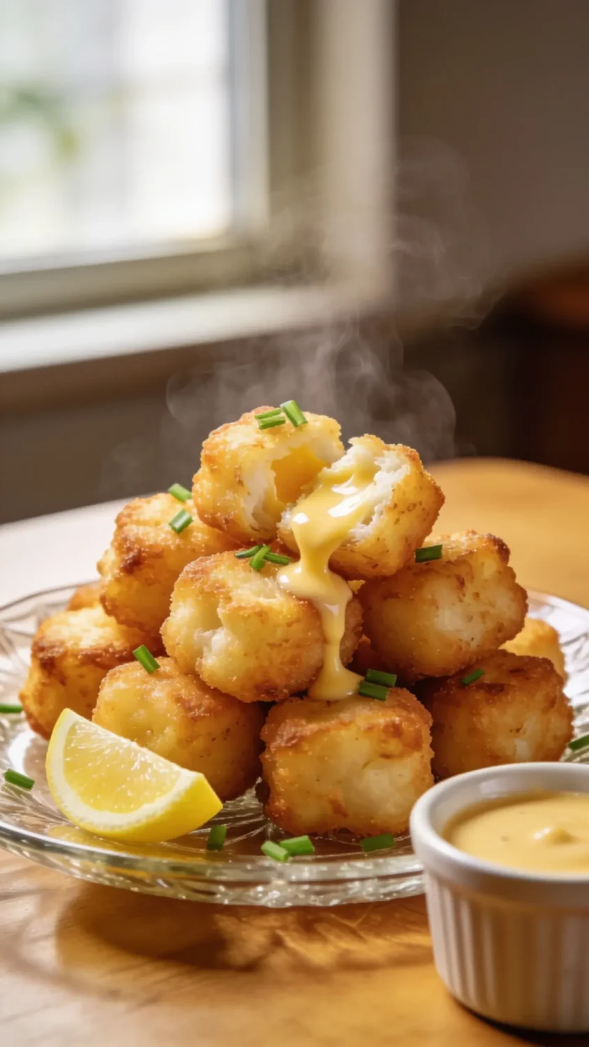 Garnished serving moment: a transparent glass plate with steaming, perfectly crisped curds arranged in a rustic cluster, garnished with chopped chives and a tiny lemon wedge for brightness. A drizzle of melted cheese sheen on some curds to emphasize melty interior, with a ramekin of tangy dipping sauce nearby. Natural light from a window, hands-off table setting, focus stacked on the curds for a mouthwatering, magazine-quality bite.