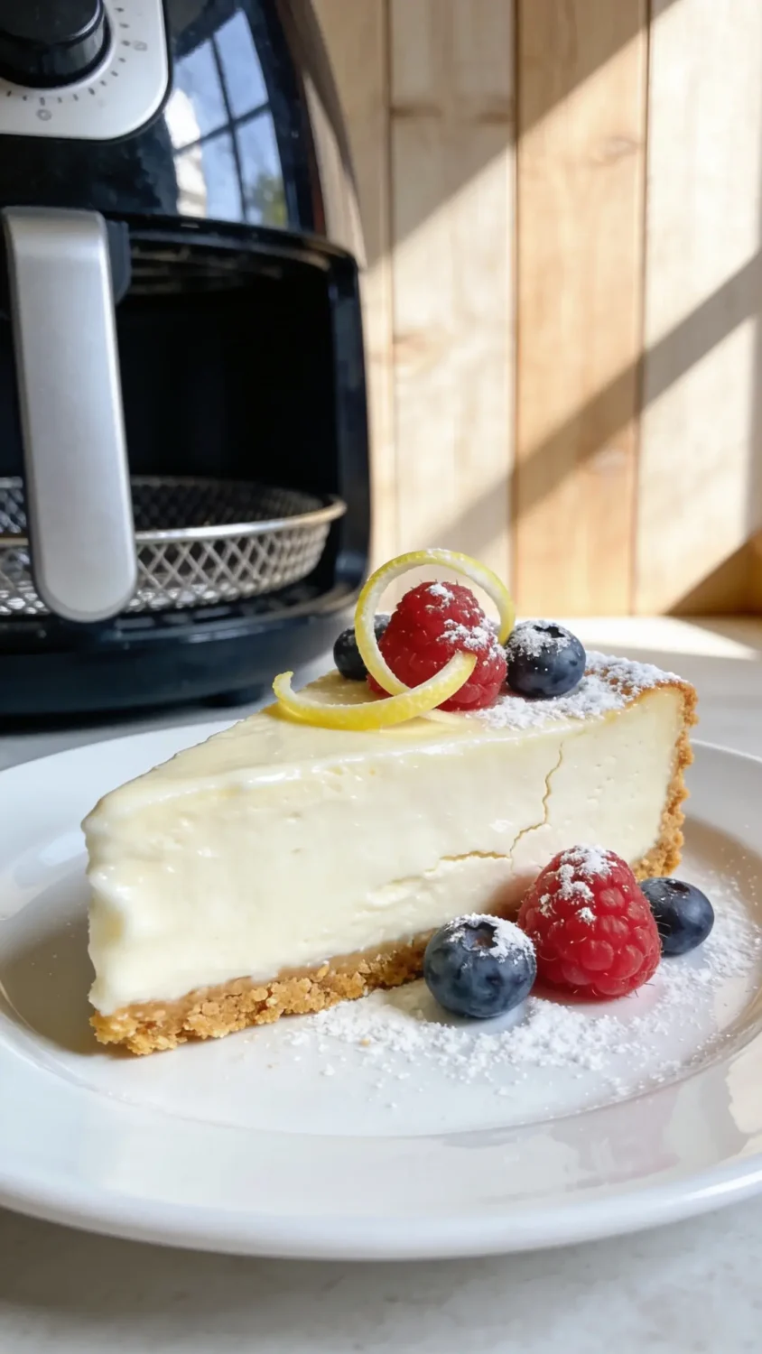 A close-up still life of a chilled air fryer cheesecake slice on a clean white plate. Focus on a smooth, crack-free surface with a perfectly golden graham cracker crust visible at the edges. Garnish with a light dusting of powdered sugar, a few fresh berry accents (raspberries and blueberries), and a thin lemon twist for color. Use natural window light to create soft shadows, capturing the glossy, creamy texture and subtle airiness of the filling, with the plate placed on a light wooden backdrop and a hint of the air fryer basket in the background softly blurred.