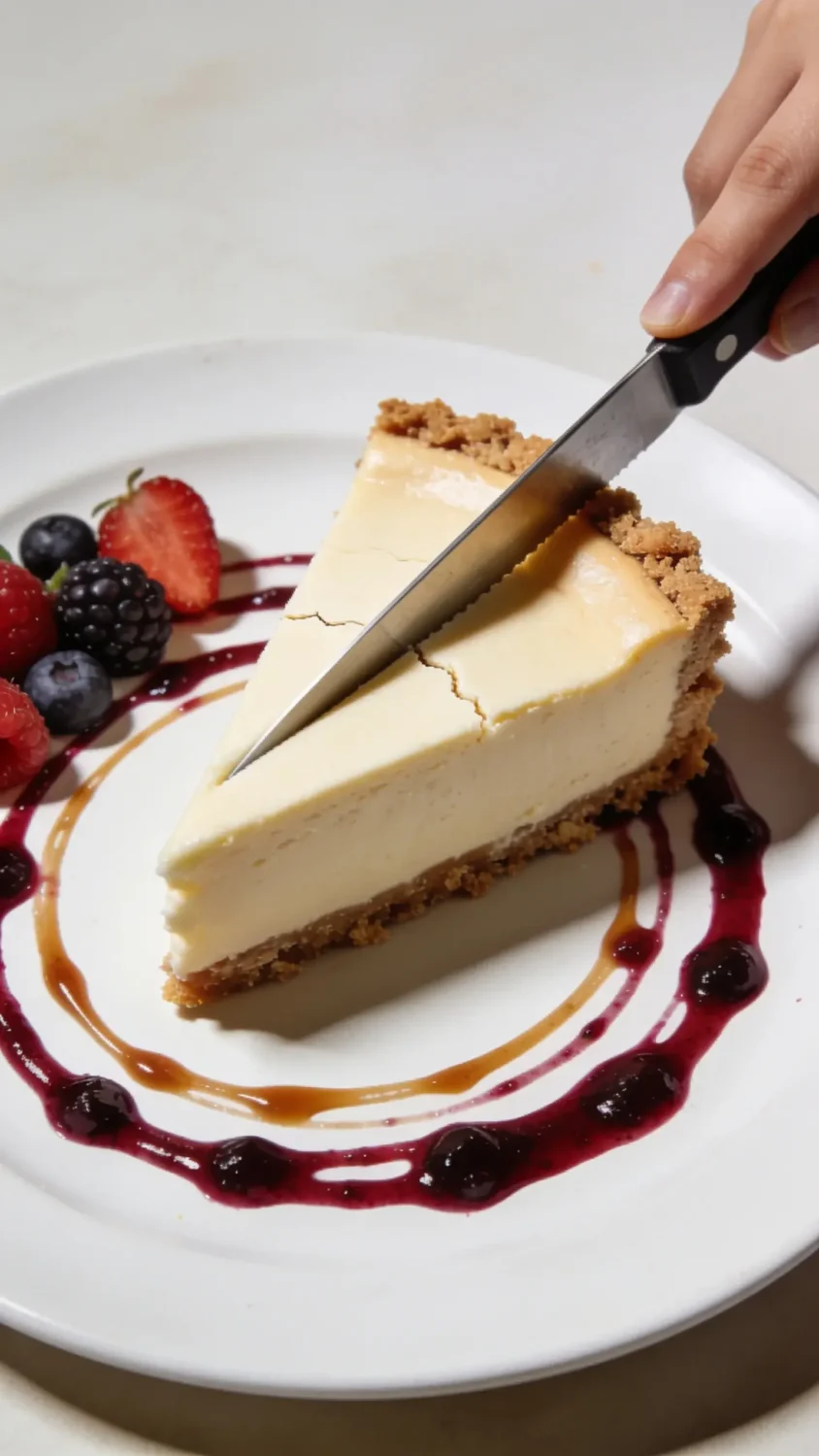 Macro-style plate detail showing the moment of serving: a knife cutting through the cheesecake to reveal the perfectly smooth interior and clean edge. Focus on the crumbly crust, the creamy filling, and a delicate crack-free top. Include a drizzle of berry coulis or caramel sauce artfully swirled on the plate, with a fresh berry arrangement off to the side. Use overhead or slightly oblique natural light to accentuate the gloss of the filling, the crispness of the crust, and the contrast of textures, set on a light, neutral background with gentle, unobtrusive shadows.