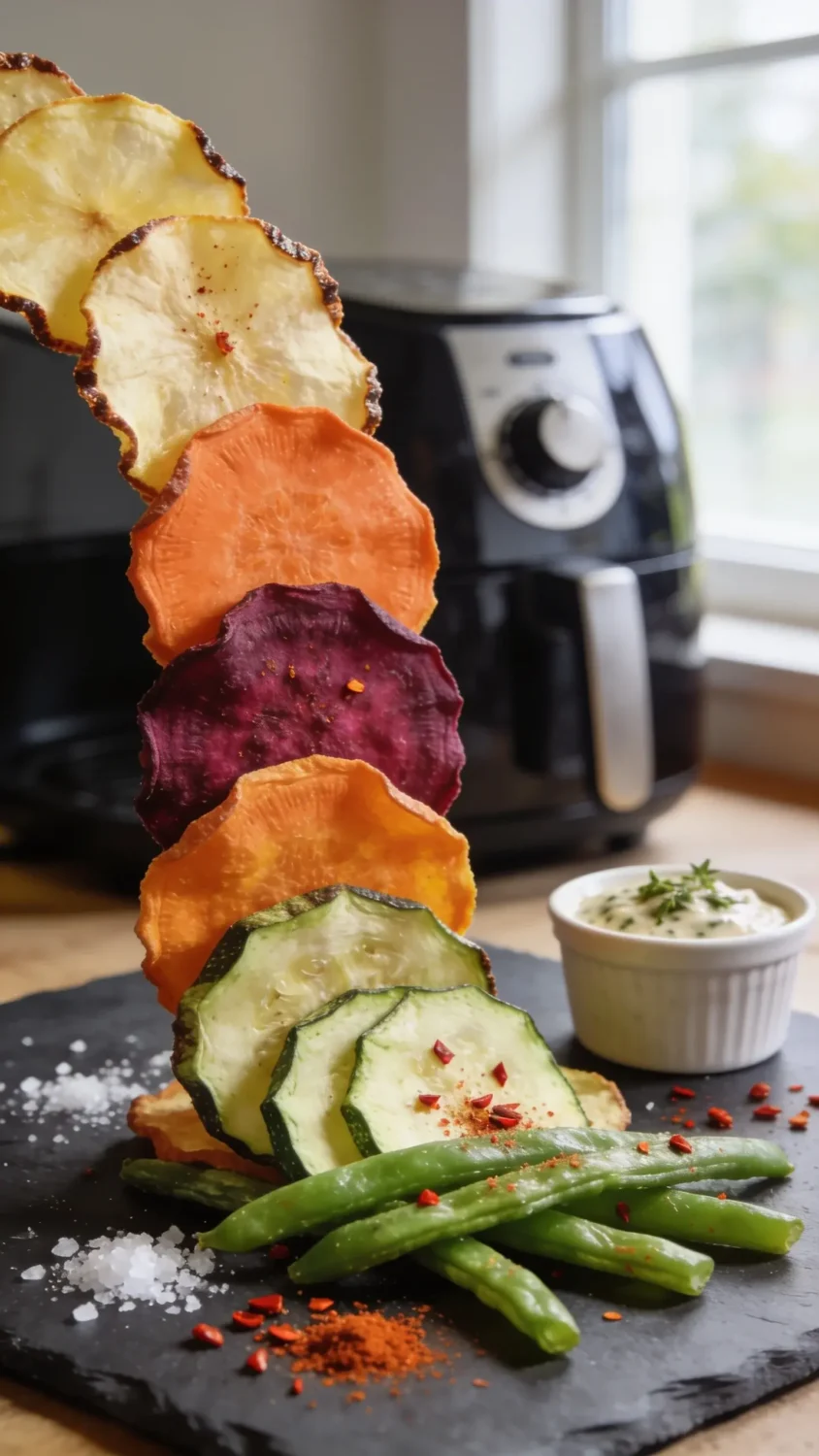 Crisp veggie chip spread on a slate board: thin potato, sweet potato, carrot, beet, zucchini, and green bean chips arranged in a rainbow arc. Highlight sizzling edges and light dusting of sea salt, chili flakes, and paprika. Use natural window light, shallow depth of field to blur the background, with a small ramekin of tangy herb dip and a hot air fryer visible in the softly focused backdrop to imply the cooking method. Focus on textures: crackly edges, matte vegetable surfaces, and vibrant color contrast.