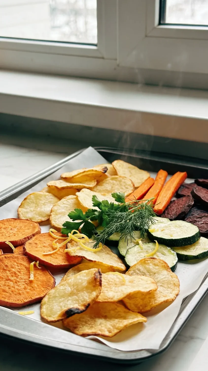 Top-down composition of a baking-safe parchment-lined tray after air-frying: an array of golden, crisp chips—potato, sweet potato, zucchini, carrot, beet—with varied thickness for texture. Include a small handful of fresh herb sprigs (parsley and dill) and delicate lemon zest shavings as garnish. Show the delicate, airy air-bath texture of the chips, slight charring on a few edges, and a subtle steam wisp to convey just-crisp perfection; natural daylight through a window, clean kitchen counter setting, no people.