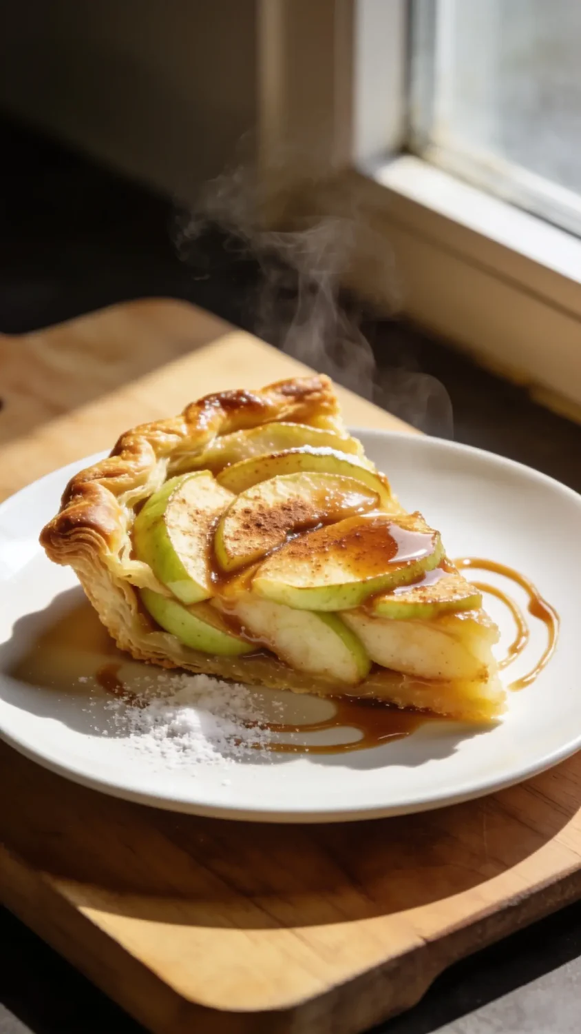 A high-contrast close-up of a golden air fryer apple pie resting on a wooden cutting board. The flaky, caramel-scented crust is visibly crisp with delicate layers. Steam wisps rise subtly, highlighting tender Granny Smith/Honeycrisp apple slices glazed with a light brown sugar-cinnamon glaze. Include a dusting of powdered sugar or a tiny swirl of caramel around the slice. Natural window light from the side, clean white plate, minimal shadows.