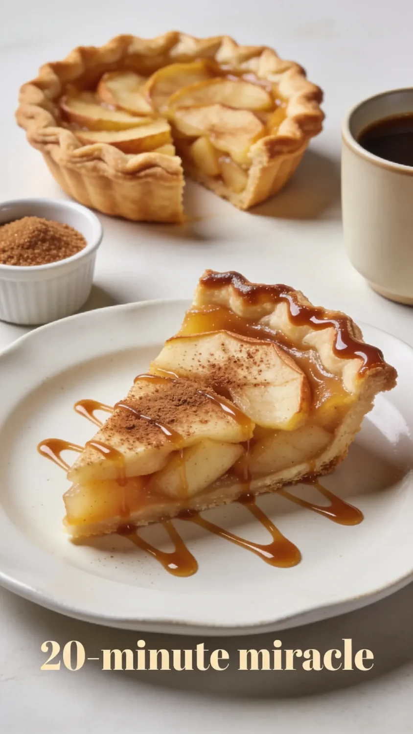 Editorial-medium shot of a slice plated on a white ceramic plate with a second intact mini pie in the background inside a crisp, flaky shell. Garnish with a delicate cinnamon dusting and a thin caramel drizzle over the edge of the crust. Include a small ramekin of extra brown sugar, a coffee cup off to the side, and a clean, light backdrop to evoke a “20-minute miracle” vibe. Emphasize the crust’s golden caramel color and the juicy apple filling through a soft, natural light setup.