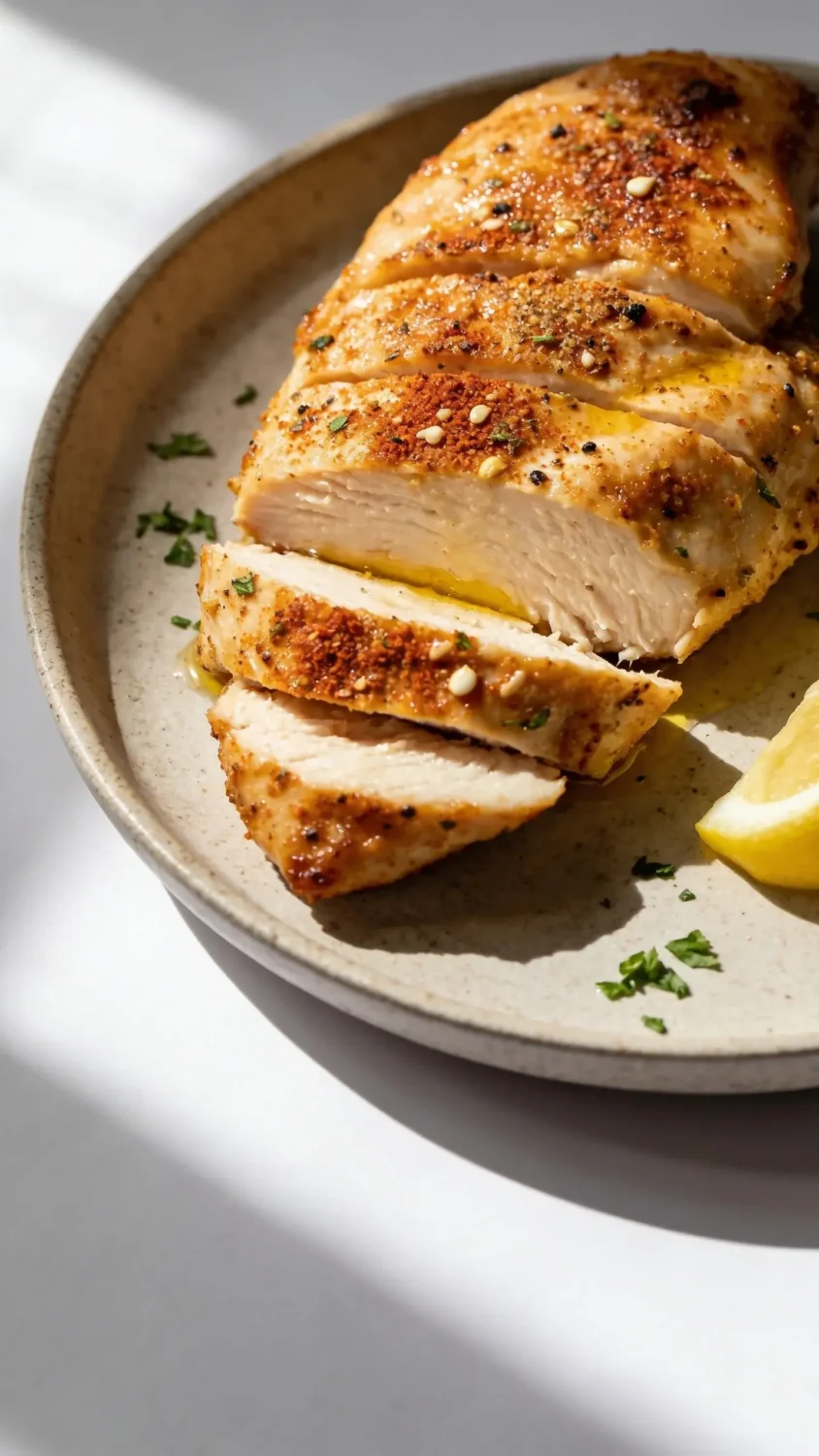 Prompt 1: Close-up macro of a single boneless, skinless chicken breast crisped in an air fryer, sliced to reveal juicy interior. Focus on a crackly, golden-brown crust with visible peppery herb seasoning (paprika, garlic powder, black pepper) and a light sheen of oil. Plate on a neutral stoneware dish with a subtle herb sprinkle (parsley) and a small wedge of lemon off to the side. Use natural window light from the left, soft shadows, shallow depth of field, and a clean white background to keep the texture and moisture gleam as the hero.
