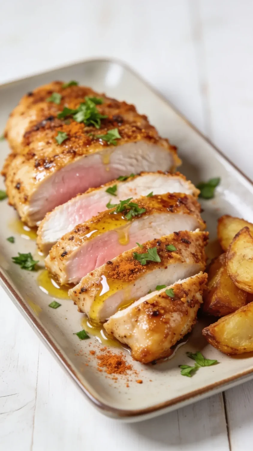 Prompt 3: Hero composition of plated air-fried chicken breast sliced on a rectangular plate, revealing a moist pinkish-white interior just under a crisp crust. Highlight a crackly exterior with visible seasoning and a drizzle of oil for shine. Garnish with finely chopped parsley and a light dusting of paprika for color. Place alongside a small portion of crispy air-fried potatoes or a simple green salad for balance. Use warm natural light, minimal props, and a clean, white or light-wood backdrop to convey a home-kitchen, professional-food-photography feel.