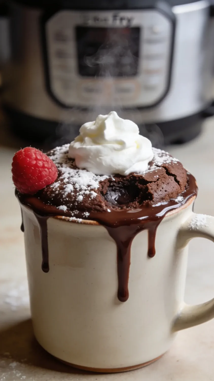 A close-up studio-style shot of a chocolate mug cake topping: glossy melted chocolate glaze with a light dusting of powdered sugar, a dollop of whipped cream or vanilla frosting, and a seasonal garnish (raspberry or strawberry) resting on the rim of a ceramic 12–16 oz mug. Capture the steam rising subtly, with the air fryer in the background blurred, and use warm, natural light to highlight the cake’s moist crumb and slight crack on the surface. Focus on texture: the sponge, the fudgy center, and the glossy top.