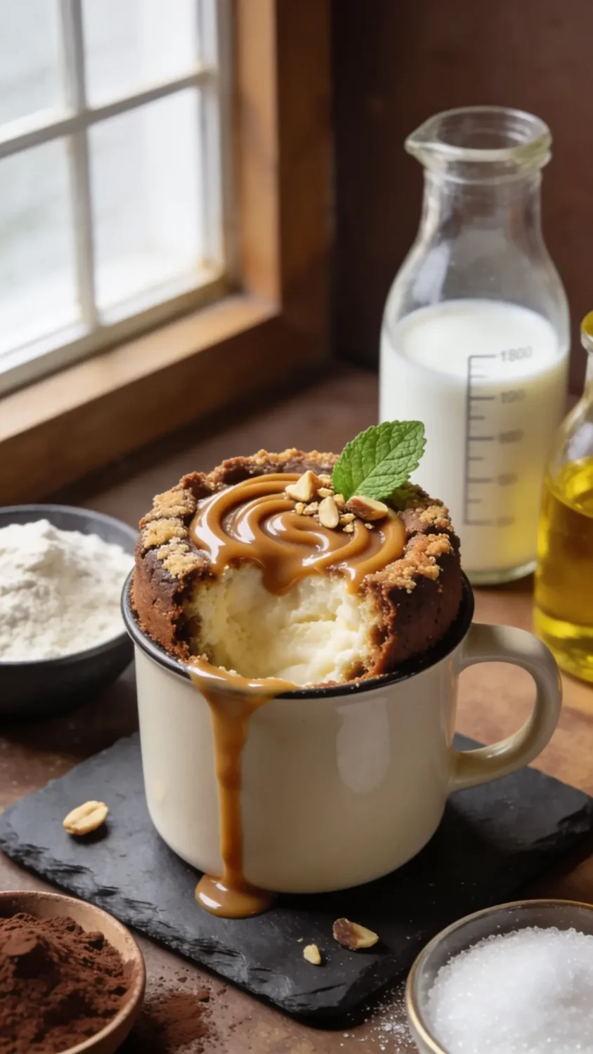 Step-forward still-life: a baked mug cake cut open to reveal a moist, pillowy interior, with a crusty outer edge. Garnish with a swirl of caramel or chocolate drizzle, a few crushed nuts (optional), and a fresh mint leaf for color contrast. Place the mug on a small slate board or plate, surrounded by ingredients used in the batter (flour, cocoa powder, sugar, milk in a measuring bottle, oil) to imply the preparation process. Use natural window light to bring out the cake’s warm brown tones and the sheen of the glaze, with crisp focus on the crumb structure.