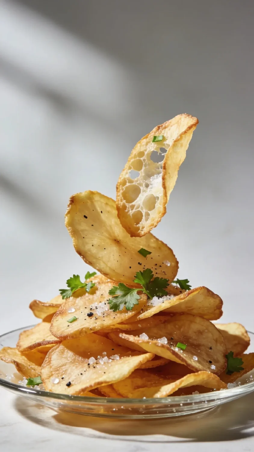 Action-forward still life showing the finish and texture: a shallow, clear glass plate piled with a generous heap of golden-brown air-fryer chips, some chips leaning upright to reveal their airy, chip-crackle interior. Garnish with freshly chopped parsley leaves for a pop of green, and a light dusting of cracked black pepper. Use a warm, diffused natural light source, minimal shadows, and a clean, cool-toned backdrop to contrast with the warm hues of the chips, highlighting the crisp texture and enticing salt crystals glistening on the surface.