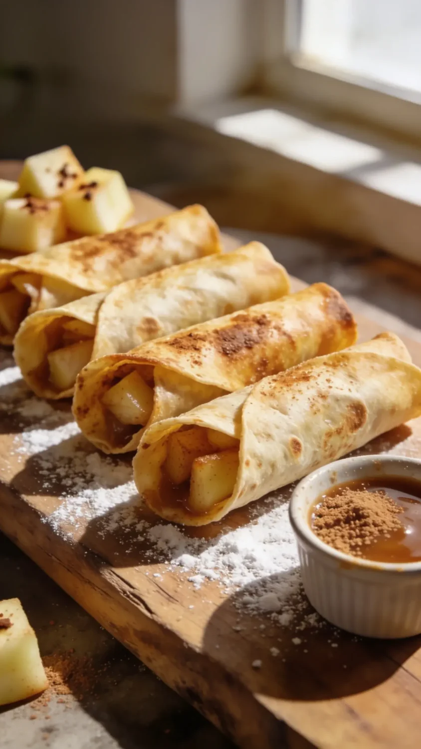 A close-up studio-style shot of air-fried apple taquitos arranged in a neat row on a rustic wooden board. Focus on the crisp, golden tortilla shells with a visible warm cinnamon-sugar sheen, revealing a juicy apple filling. Include a dusting of powdered sugar, a small ramekin of caramel or brown sugar sprinkle, and a few apple cubes with flecks of cinnamon in the background. Natural window light from the side to create soft shadows and highlight textures.