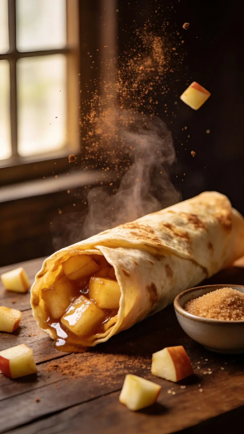 A macro action shot capturing the moment just after an apple taquito is pulled from the air fryer: a crisp tortilla shell with a steaming, juicy filling visible at the open end. Place on a slate or dark-wood background with a sprinkle of cinnamon powder in the air, tiny apple dice, and a small bowl of brown sugar. Shoot with natural window light to bring out the texture of the crisp shell and the gloss of the caramelized filling.