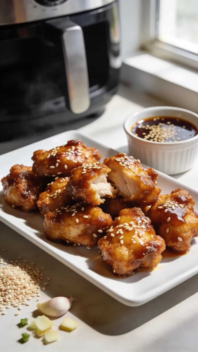 Close-up glossy glaze and crackly coating shot: A sizzling plate of bite-sized air-fried sesame chicken arranged on a clean white rectangular platter. Focus on the caramelized, lacquered glaze with sesame seeds stuck to the surface. Use natural window light from the side to highlight the crispy exterior and juicy interior where a few pieces show a tender bite. Include a small ramekin of glossy sesame glaze, a sprinkle of sesame seeds, minced garlic and ginger specks, and a faint blur of the airy air-fryer in the background to imply technique without distraction.