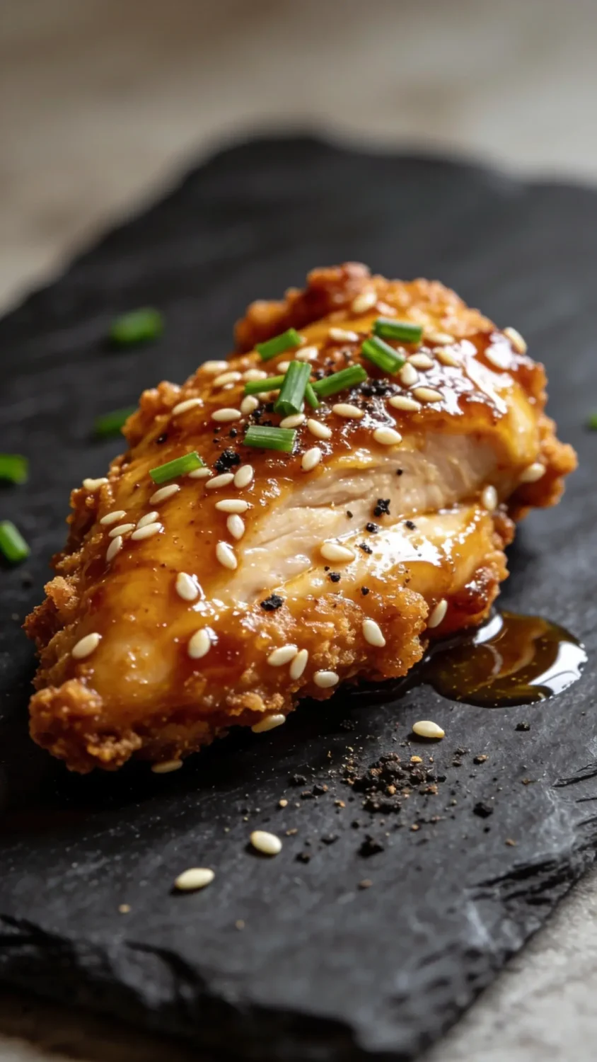 Caramelized glaze close-up with garnish and texture contrast: A macro shot of a single gleaming chicken piece on a dark slate board, showing the ultra-crispy crust and thick, glossy sesame glaze coating. Highlight the texture contrast between the crisp coating and juicy interior by focusing just behind the piece, with a few sesame seeds clinging to the surface. Garnish lightly with a pinch of chopped chives or green onion, a sprinkle of black pepper, and a tiny pool of glaze on the slate to reflect light. Use natural light to enhance the sheen and depth, keeping the background minimal and uncluttered.