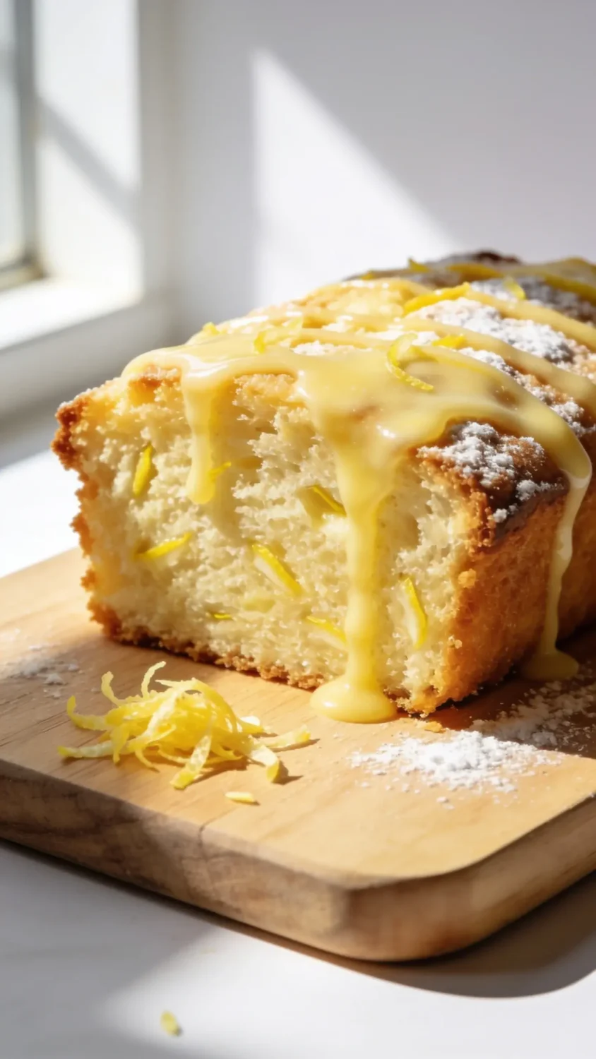A close-up shot of a perfectly baked air fryer lemon cake slice on a light wooden board. Emphasize the crunchy edge with a tender, moist crumb inside, dotted with lemon zest. Include a thin drizzle of glossy lemon glaze catching natural light, a small pile of zest shavings, and a subtle dusting of powdered sugar. Use warm, natural daylight coming from a nearby window, minimal shadows, and a clean white background to keep the focus on the cake’s texture and bright citrus hues.