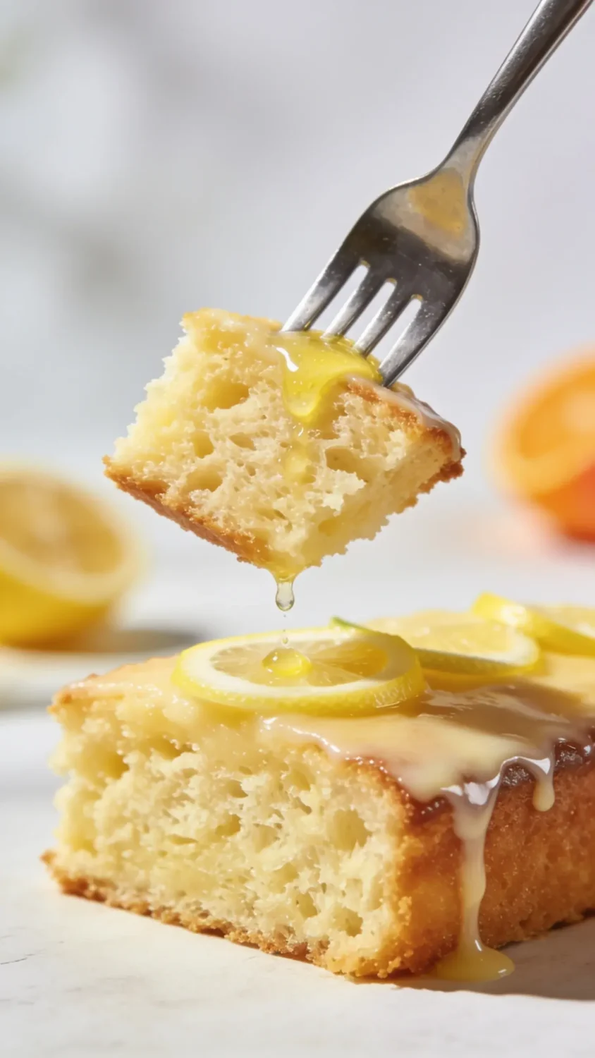 A dramatic side-angle shot of a slice being lifted from the cake with a fork, capturing the moist interior and airy crumb. Include a tiny splash of lemon juice on the fork and a glistening glaze running along the edge. Background should be a clean, light surface with a subtle bokeh of citrus colors in the distance. Natural daylight, shallow depth of field, and a composition that emphasizes the contrast between the cake’s pale yellow interior and the bright lemon accents.