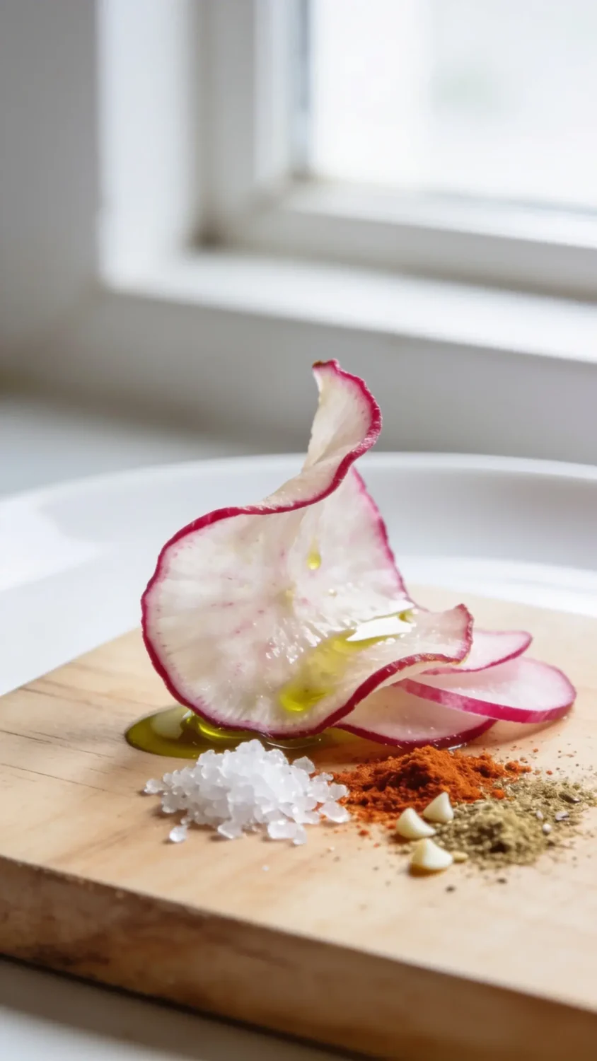 A close-up studio-style shot of a single, perfectly crisp radish chip resting on a light wooden board. Highlights show its delicate edges curling slightly, with a subtle sheen from a whisper of olive oil. Surround the chip with a small pile of lightly salted radish slices, a tiny pinch of flaky sea salt, and a dusting of paprika and garlic powder for color pops. Natural window light from the side, clean white plate backdrop, shallow depth of field to keep the chip razor-sharp while softly blurring the garnishes.