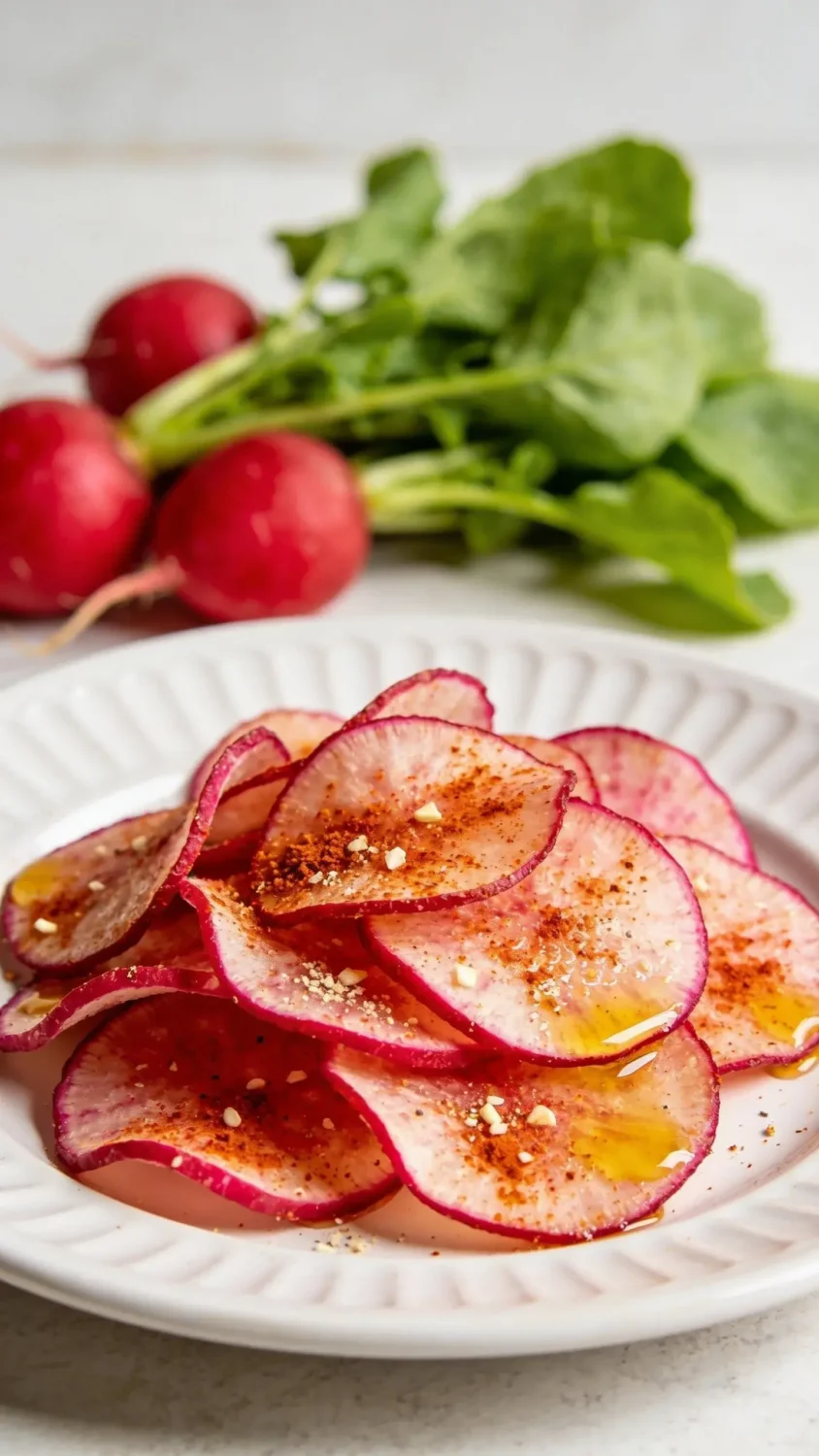 A vibrant, lifestyle-style plate showing a handful of hot, crisp radish chips arranged artfully on a white porcelain plate with a sprinkle of paprika and a few flecks of garlic powder. Include a few whole radishes with greens trimmed in the background for color contrast, and a light drizzle of oil catching the glisten of the chips. Shoot at eye level with warm, natural light to accent the chips’ crunch and the peppery, punchy seasoning, using a clean, bright kitchen counter aesthetic.