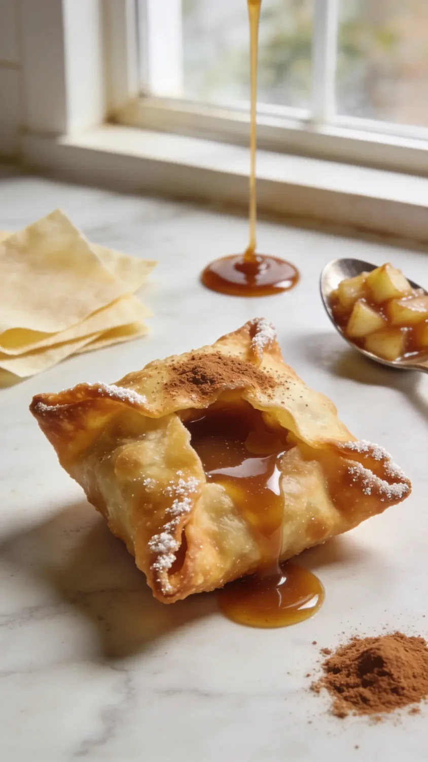 Image prompt: Close-up of a single air-fried caramel apple wonton, golden-brown and crisp with lightly sugared edges. Show a thin pool of caramel oozing from the center and a subtle dusting of cinnamon. Plate on a light marble surface with natural window light, a small drizzle of caramel in the background, and nearby ingredients: wonton wrappers, a spoon of apple pie filling, and a pinch of ground cinnamon for context. Focus on texture and sheen to make it look irresistible.