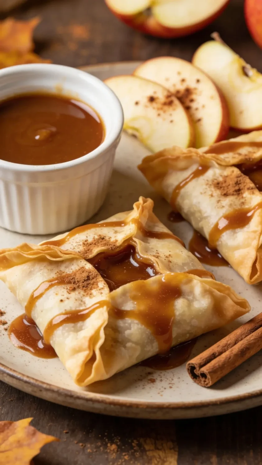 Image prompt: Garnished serving idea featuring two wontons on a plate with caramel sauce drizzle and a light cinnamon dusting. Include complementary elements: a small ramekin of extra caramel, a few apple slices with cinnamon specks, and a cinnamon stick for garnish. Shoot at a slight angle to reveal layered textures of the flaky wrappers and the glossy caramel center, using warm, natural light to evoke a cozy, autumnal vibe.