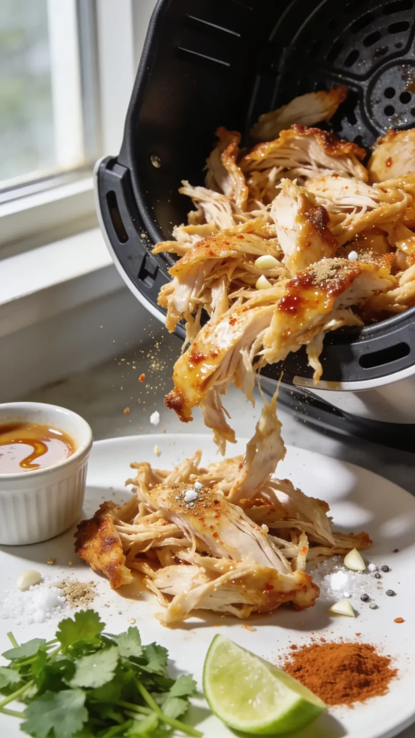 A close-up action shot of fluffy, juicy shredded chicken pulled from an air fryer basket, glistening with a light glaze of paprika-chili seasoning. Show crispy edges with tender inner shreds, scattered with flecks of garlic powder, salt, and pepper. Include a subtle drizzle of a tangy sauce in a small ramekin off to the side, and a clean white plate with a few fresh garnishes: chopped cilantro or parsley, a wedge of lime, and a sprinkle of smoked paprika for color. Use natural window light, minimal shadows, and a shallow depth of field to emphasize the texture contrast between crispy outer bits and moist interior.