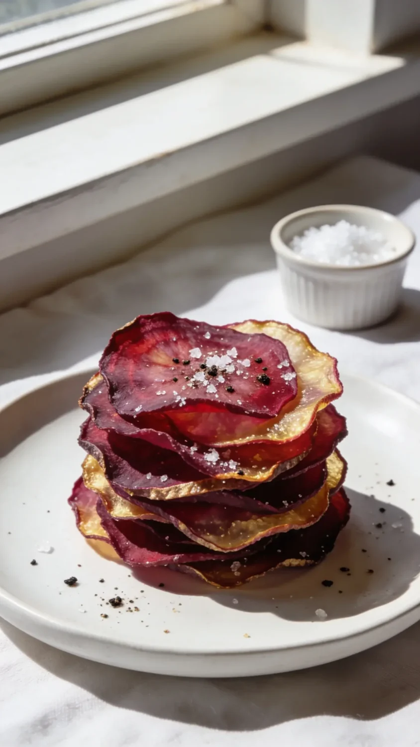A close-up, high-contrast shot of perfectly thin beet chips arranged in a neat, slightly overlapping circular stack on a matte white plate. Natural sunlight from a window shelf highlights the vibrant red and golden beet colors, crisp edges with a delicate salt crystal dusting, and a tender, almost translucent center. Include a light sprinkle of cracked black pepper and a small ramekin of sea salt in the background for garnish, with a clean linen backdrop.