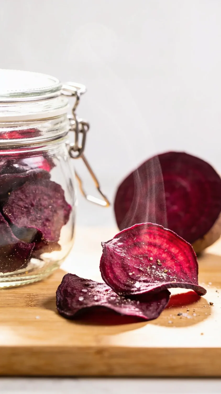 A minimalist still-life featuring a glass jar of air-dried beet chips resting beside a few raw beet slices on a clean wooden cutting board. Emphasize the cooking method by including a faint steam line or a subtle glow to imply crisping, with the chips’ powdery seasoning visible (sea salt flecks, pepper). Use warm, natural light to bring out the deep magenta and sunny gold tones, and keep the composition uncluttered with a soft white background.
