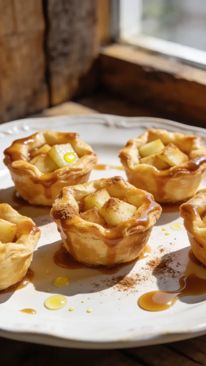Sunlit close-up of golden air-fried apple pie bites arranged on a white porcelain plate with a flaky, caramel-glazed crust. Show diced apples peeking through, a light dusting of cinnamon and a drizzle of caramel around the plate. Use natural window light, shallow depth of field to blur background, subtle specks of lemon juice visible on apple pieces, and a rustic wooden backdrop for warmth.