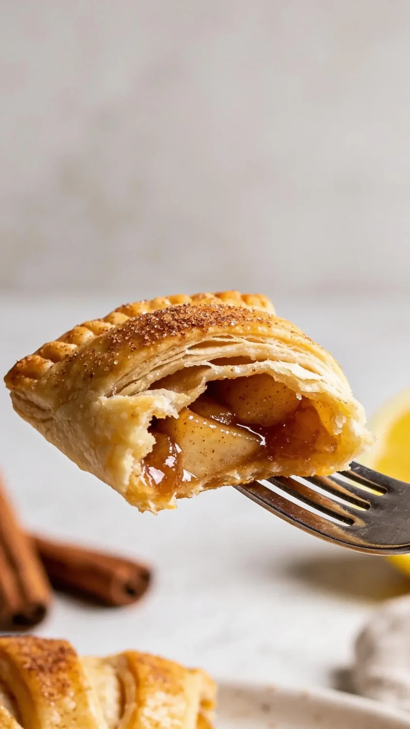 Close-up macro of a single air-fried apple pie bite on a fork with bite marks showing flaky pastry and caramelized apple filling. Emphasize the buttery layers, cinnamon-sugar sparkle, and a delicate gloss on the pastry. Shoot at eye-level with soft natural light, shallow depth of field, neutral backdrop, and a hint of cinnamon sticks and a lemon wedge in the periphery to convey aroma and seasonings.