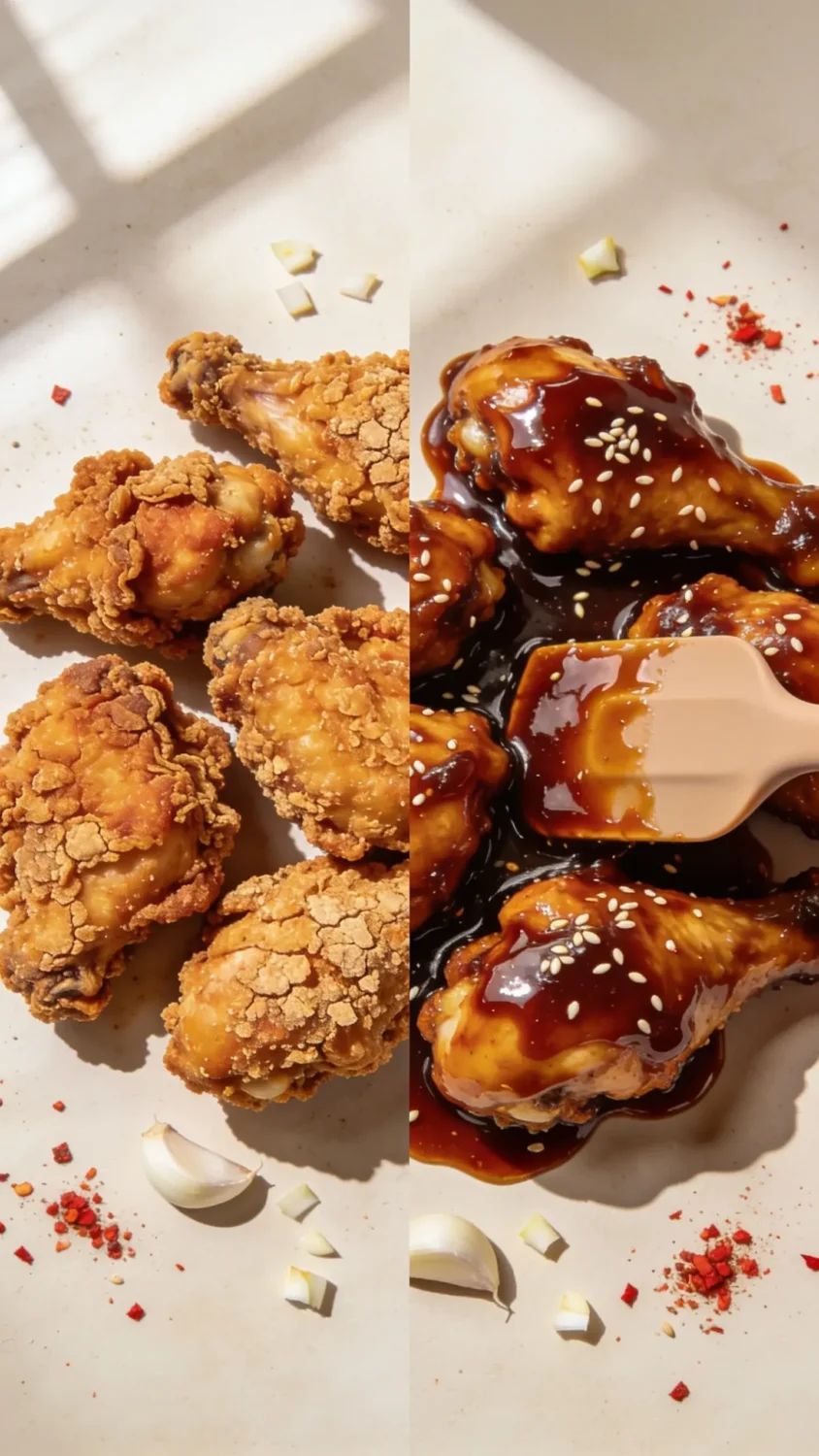 Prompt 3: Step-focused shot: “double-step” technique with glaze application
- Shot: Two-part composition in one frame or split-screen style: left side shows the initial, crisp-finished chicken before glaze; right side shows the same pieces generously coated in glossy Korean-style sauce.
- Colors/textures: Left side emphasizes dry, crackly crust with golden-brown tones; right side shows deep amber glaze with sticky shine and sesame seed specks.
- Details: Include a small brush or silicone spatula applying glaze on the right; scattered minced garlic and crushed red pepper flakes lightly around to imply flavor notes.
- Lighting and composition: Natural window light, soft reflectors to avoid harsh shadows; neutral background (ivory or soft gray) to keep focus on color contrast between dry crust and glossy glaze.
- Presentation: Plate arrangement mirrors a “before/after” narrative, with a clean, uncluttered backdrop and minimal garnish to maintain emphasis on technique and texture.