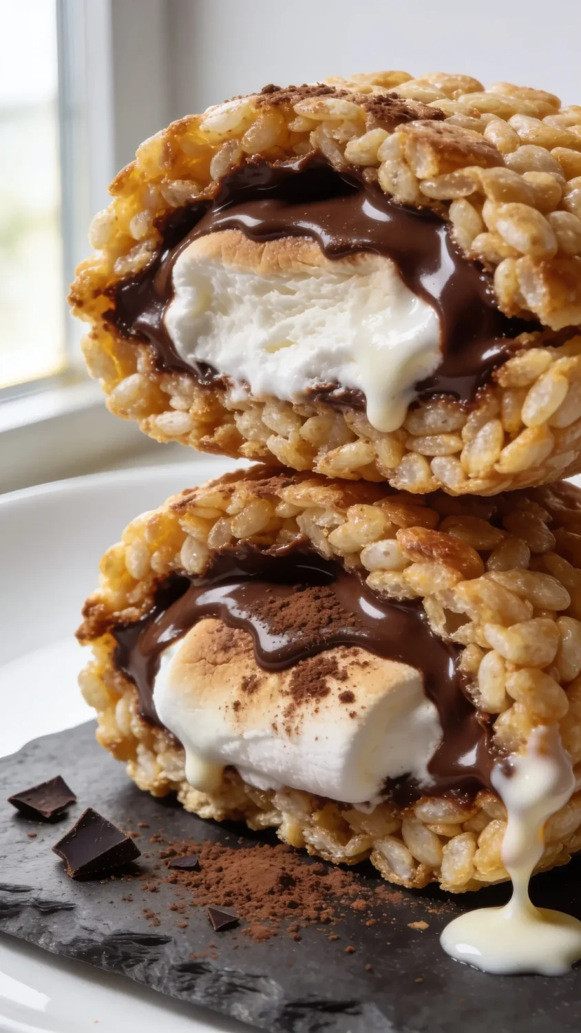 A close-up macro of two air-fryer rice cake smores halves resting on a slate board. Highlight the crisp, golden-brown exterior with a glossy melted chocolate and oozy marshmallow center peeking through. Include a dusting of cocoa or powdered sugar, a small shard of dark chocolate, and a tiny drizzle of melted marshmallow on the side. Use natural window light from the left, shallow depth of field, and a clean white plate backdrop to emphasize texture and bite.