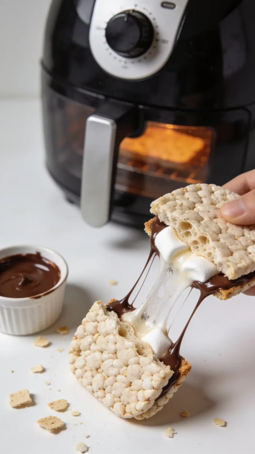A studio-style action shot showing a single rice cake smore being pulled apart to reveal the stretch of melted marshmallow, with the air fryer in the soft background suggesting the cooking method. Emphasize the airy interior and crisp exterior, capture the glossy melted chocolate threads, and include a small ramekin of melted chocolate and a few rice cake crumbs scattered on a clean white surface. Neutral backdrop, diffused natural light, and a slight top-down angle to showcase texture and translucence of the marshmallow.