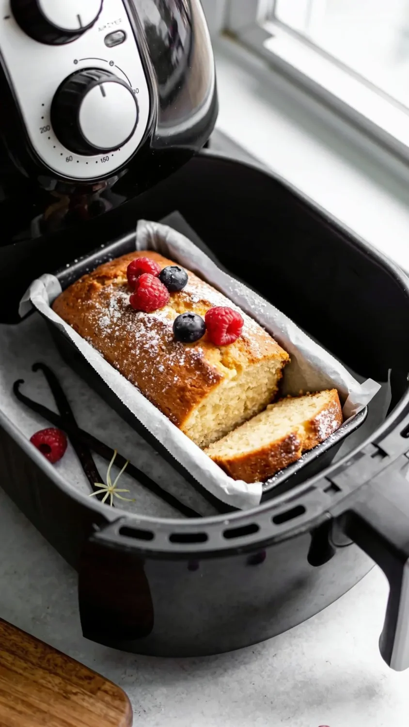 A close-up, high-contrast shot of a golden-brown air fryer loaf cake resting on a parchment-lined mini loaf pan inside a compact air fryer basket. Shoot from a slight angle to show the even browning from circulating hot air, with a slice cut to reveal a tender, moist crumb. Garnish with a light dusting of powdered sugar, a few fresh berries, and a delicate vanilla bean pod resting beside the pan. Natural window light, neutral background, clean surface with a subtle wooden cutting board edge to convey homey coziness.