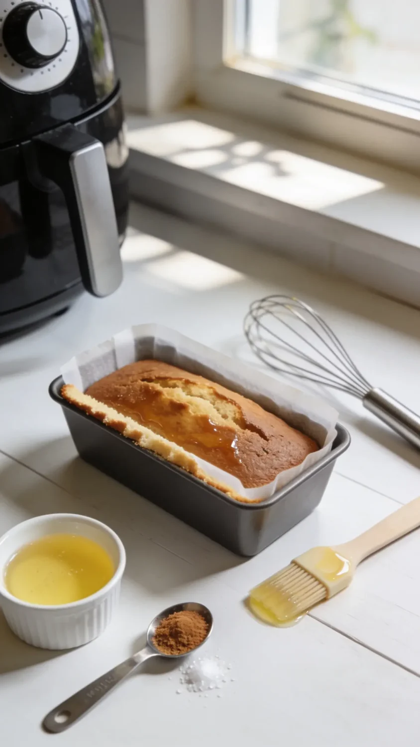 A still-life setup showing the baking process: a silicone or parchment-lined mini loaf pan just pulled from the air fryer, a thin crust along the loaf’s edge, and a clean, glossy glaze brush resting nearby. Include a small ramekin of cinnamon sugar or lemon glaze, a whisk, and a measuring spoon with a pinch of sea salt visible. Shoot at an oblique angle to emphasize the texture difference between crust and crumb, with soft shadows and a softly blurred kitchen background to emphasize a professional, recipe-article feel. Natural daylight through a window, on a pristine white or light-wood countertop.
