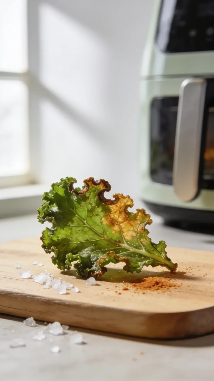 Close-up studio shot of a crisp kale chip on a neutral wooden board, focusing on curly kale edges browned to a delicate crunch. Include scattered flakes of sea salt and a light dusting of paprika for color, with a softly blurred air fryer in the background to imply crisping technique. Use natural window light from the side for gentle shadows and a clean, minimalist backdrop that highlights vibrant green and golden-brown chips.