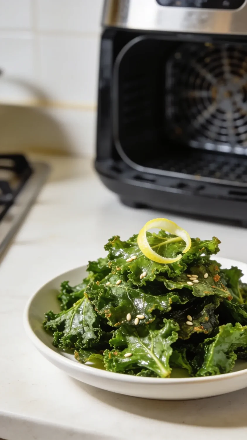 Side-angle still life of a finished plate of air-fried kale chips presented in a shallow white dish, stacked slightly for height. Garnish with a light lemon zest curl and a few sesame seeds for texture contrast, with a backdrop of a clean kitchen counter and a visible air fryer basket just out of focus. Capture the glossy, crunchy surface and vibrant green color under warm, natural light to convey a fresh, snack-worthy feel.