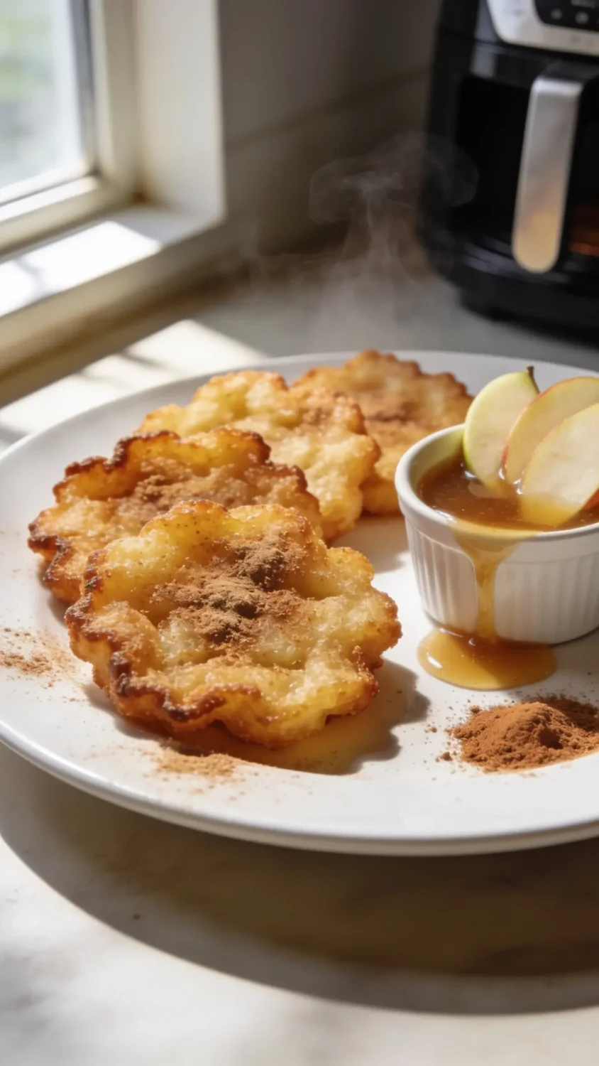 Close-up still life of air fryer fritters: crisp, golden-brown edge fritters arranged on a clean white plate with a light cinnamon-sugar dusting. A drizzle of optional glaze pooling in a small ramekin beside, with a few thin apple slices and a sprinkle of ground cinnamon. Natural window light from the left, soft shadows, shallow depth of field to blur background, subtle steam rising to imply just-finished from the air fryer.
