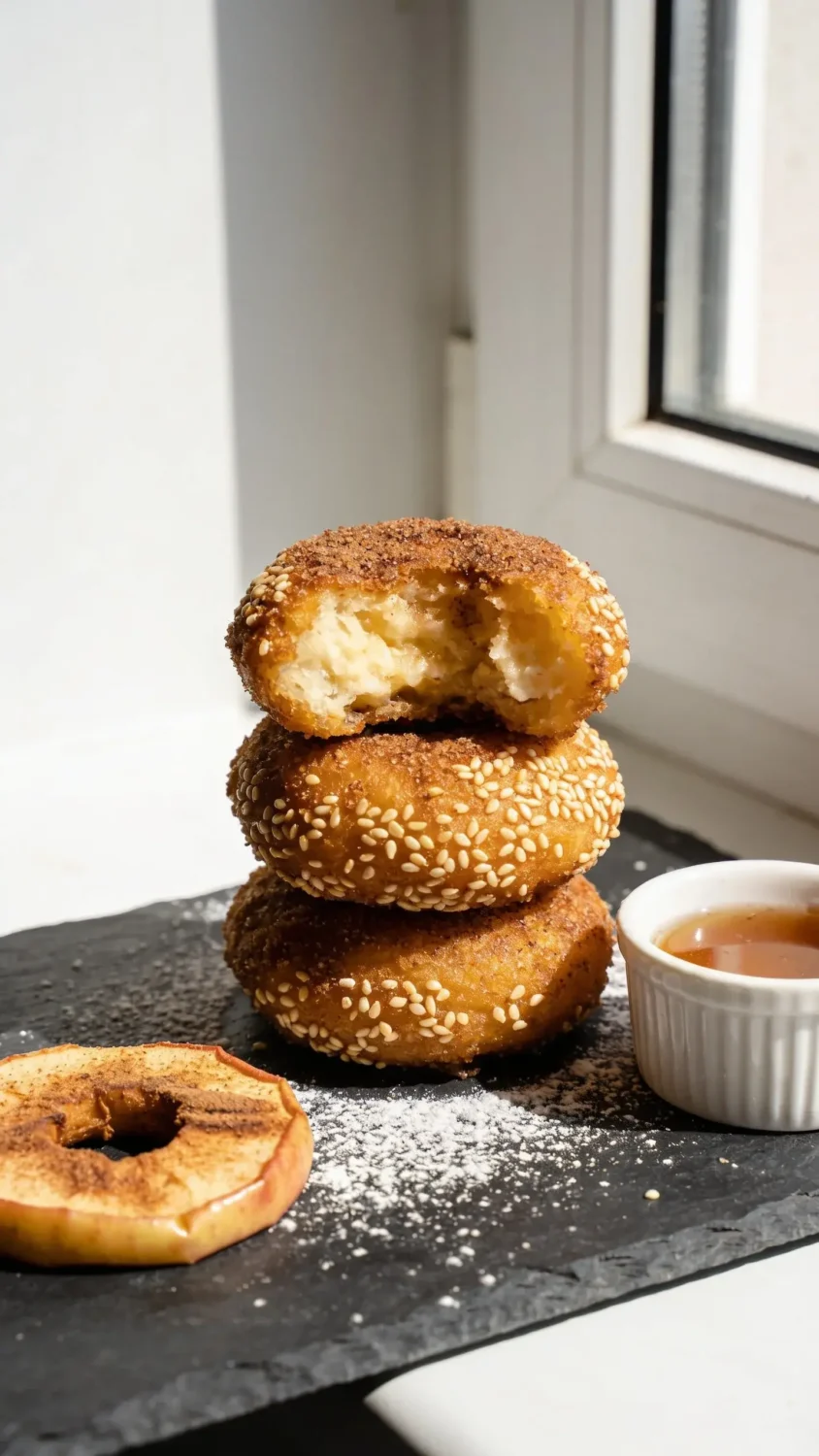 Studio-style product shot featuring a stack of three fritters on a slate board: crispy, cinnamon-dusted exteriors with fluffy centers slightly visible from a bite taken, accented by a small ramekin of glaze and a cinnamon-dusted apple ring garnish. Accents of powdered sugar lightly dusted over the board, natural daylight from a window, minimal props, clean white background edge, and sharp focus on the sesame-like crust texture.