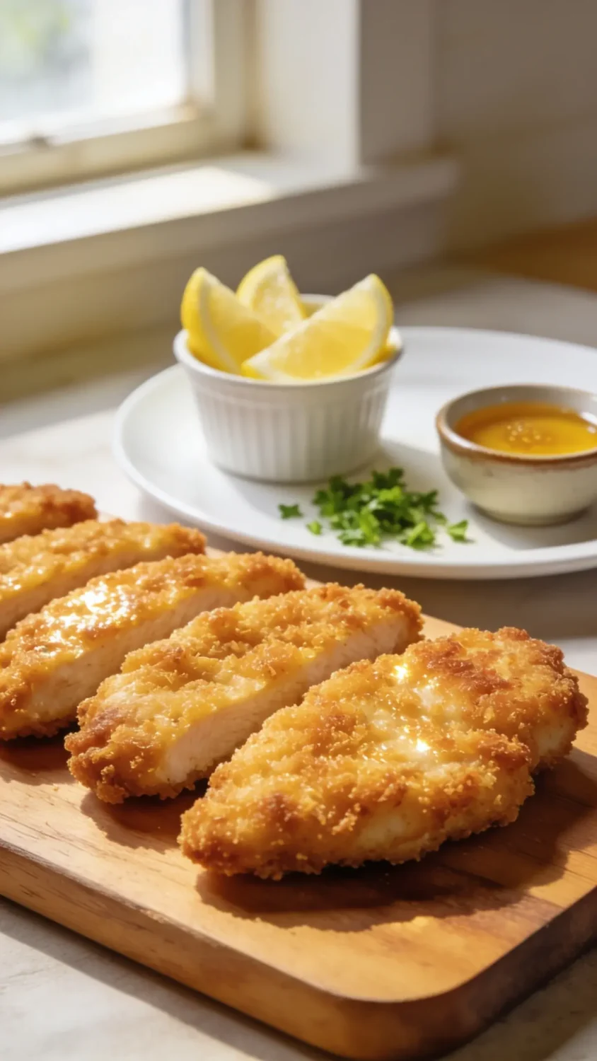 Crisp air-fried chicken cutlets on a warm-toned wooden board, arranged in a neat row to showcase uniform thickness (1/2 inch). Capture a golden-brown crust with visible light reflectors to emphasize crunch. Include a small ramekin of lemon wedges and a dusting of finely chopped parsley for color, with a subtle side of honey mustard dip in a tiny ceramic bowl. Use natural window light, shallow depth of field on the foreground cutlet, and a clean white plate backdrop for contrast.