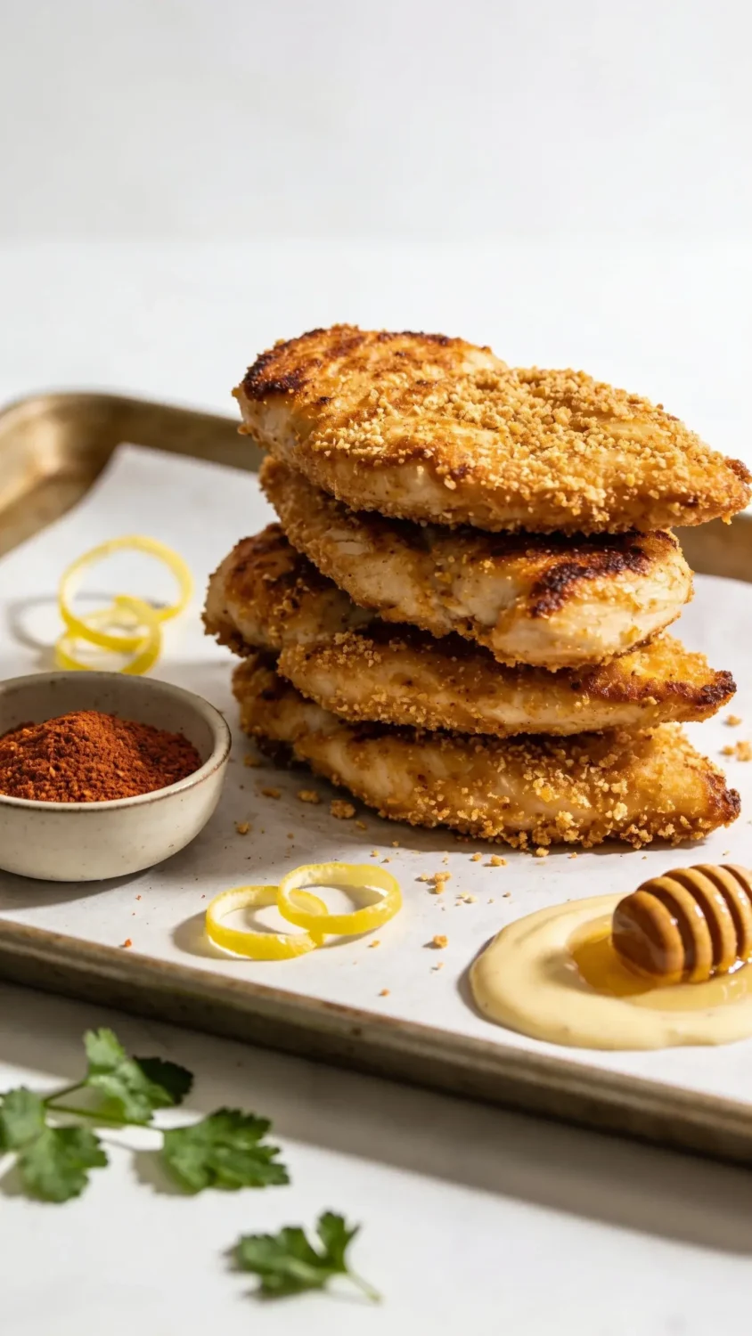 Studio-style still life featuring a stack of air-fried chicken cutlets on a parchment-lined baking sheet, showing both crusty edges and even browning. Include a small bowl of paprika-seasoned crust crumbs and a scattering of lemon zest curls for color. Present a drizzle of honey or a light aioli on the side and a few sprigs of parsley for contrast. Use diffused natural light to avoid harsh shadows, with a clean white surface and negative space to emphasize the food.